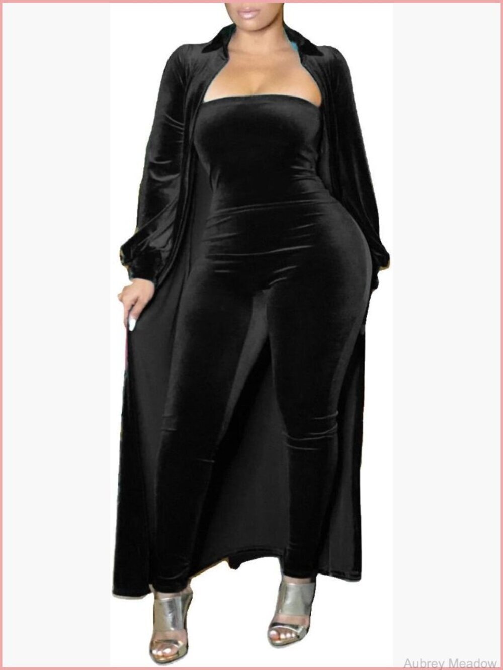 Sexy Velvet Long Sleeve Cardigan Tube Top Bodycon Party Jumpsuit Set